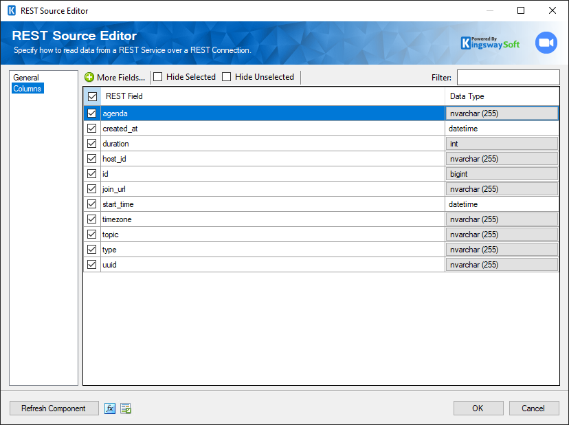 SSIS Zoom REST Source - Columns